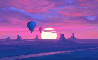Hot air balloons, landscape, scenic art