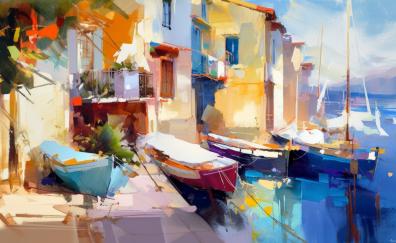 Coastal houses and boats, beautiful art