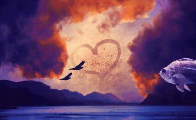 Surreal, heart in the sky, sunset, dream, fantasy