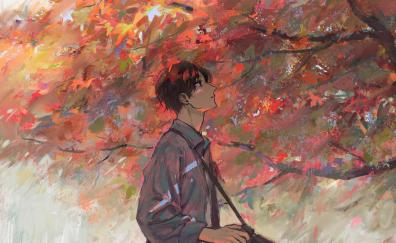 Anime boy, autumn, tree, artwork