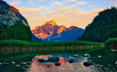 Sunset, alpine, nature, forest, glowing peak, lake