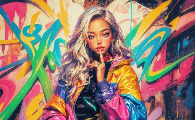 Graffiti on city wall, pretty girl, colorful, art