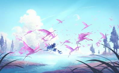 Birds, pink, anime boy, jump, outdoor