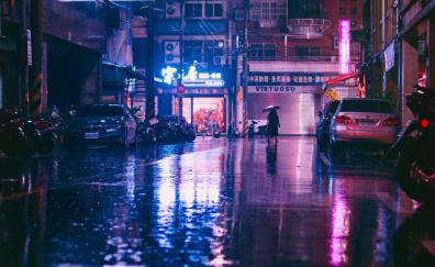 Rain, lights, city street, reflections