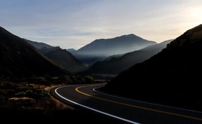 Road curve, highway, mountains, morning