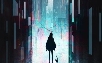 Silhouette, buildings, girl and cat, cityscape, artwork