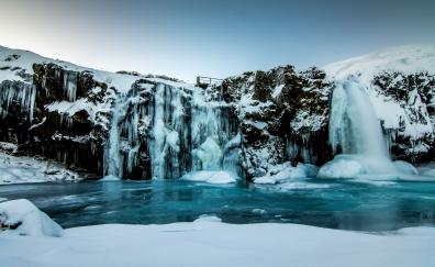 Waterfall, winter, stream, nature, Iceland