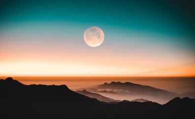 Adams Peak, mountains, moon, horizon, landscape, sunset, evening