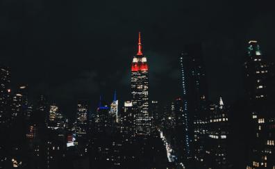 Night, New York, city, buildings, dark