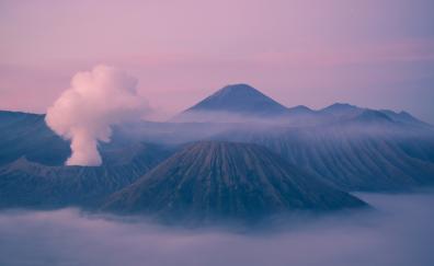 Mountains, volcano, smoke, nature