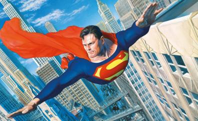 Superman, flight over city, cityscape