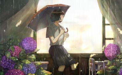 Girl in rain, pretty, original, anime