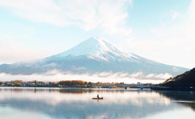 Mount Fuji, blue, bright day, lake