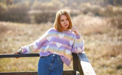 Short hair girl, colorful sweater, outdoor