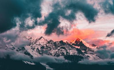 Clouds, sunset, glowing peaks, mountains