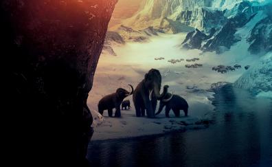 Mammoths, big Elephants, Ice Age, snow mountains, fantasy