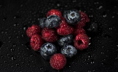 Raspberries, blueberries, fruits, drops
