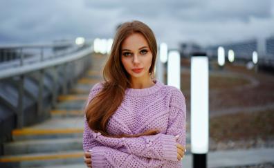Girl, red head, gorgeous, pink sweater, outdoors