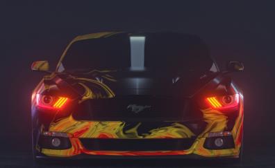 Yellow Ford Mustang, red headlight, sport car