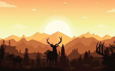 Sunset, horns, deer, silhouette