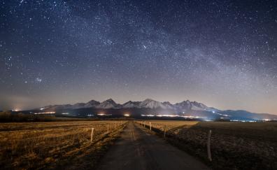 Landscape, mountains, road, starry night