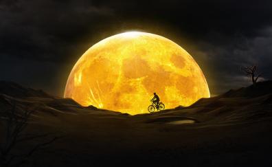 Moon, night, yellow moon, cycling, silhouette, art