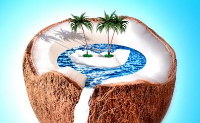 Coconut, sea, palm tree, vacation, digital art, dream