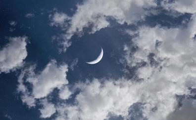 Crescent moon, half moon, clouds, blue sky, cosmos stars