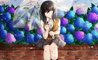 Outdoor, beautiful, anime girl, rain, cute