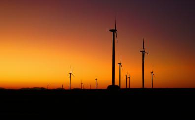 Minimal, wind mills, wind turbines, sunset