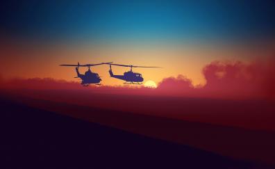 Silhouette, helicopter, clouds, sky, sunset