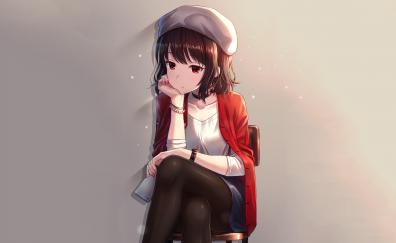 Red eyes, cute, anime girl, sit, original