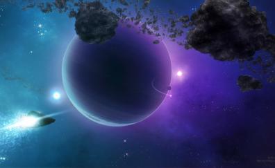 Big planets, violet, comets, space, artwork