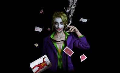 Joker girl, smoking, cards, art