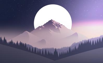 Digital art, mountains, moon, forest