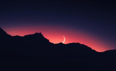 Silhouette, night, mountain range, moon