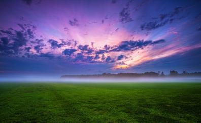 Cloud over field, fog, grassland, landscape, nature