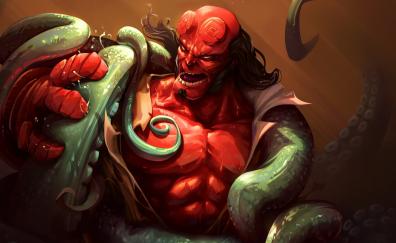 Red, Hellboy and creature, fight, art