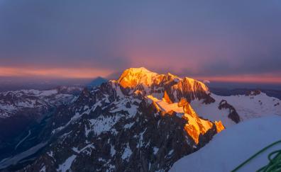 Glacier, mountain's peak, glow, nature, sunset