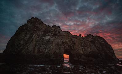 Keyhole arch, sunset, cliff, coast, nature