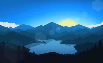 Forest, mountains, sunset, cool weather, minimalism