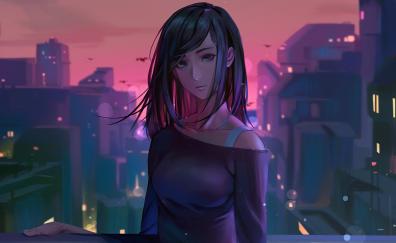 Beautiful art, anime girl, dawn, city