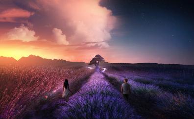 Couple, lilac farm, landscape, digital art, sunset
