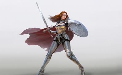 Fantasy, woman with sword and shield, warrior, art
