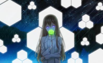 Anime girl, green flower, cute, artwork