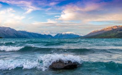 Lake Ohau, glacier mountains, waves