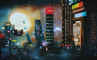 Cityscape, night, futuristic, city, fantasy