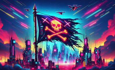 Cyberpunk city, pirate flag, game art