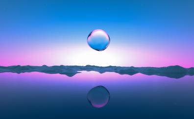 Droplet, sunrise, lake, pink-blue clear sky, artwork