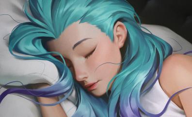 Blue hair girl, sleeping, original, art